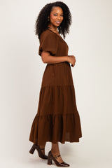 Brown Puff Short Sleeve Tiered Midi Dress