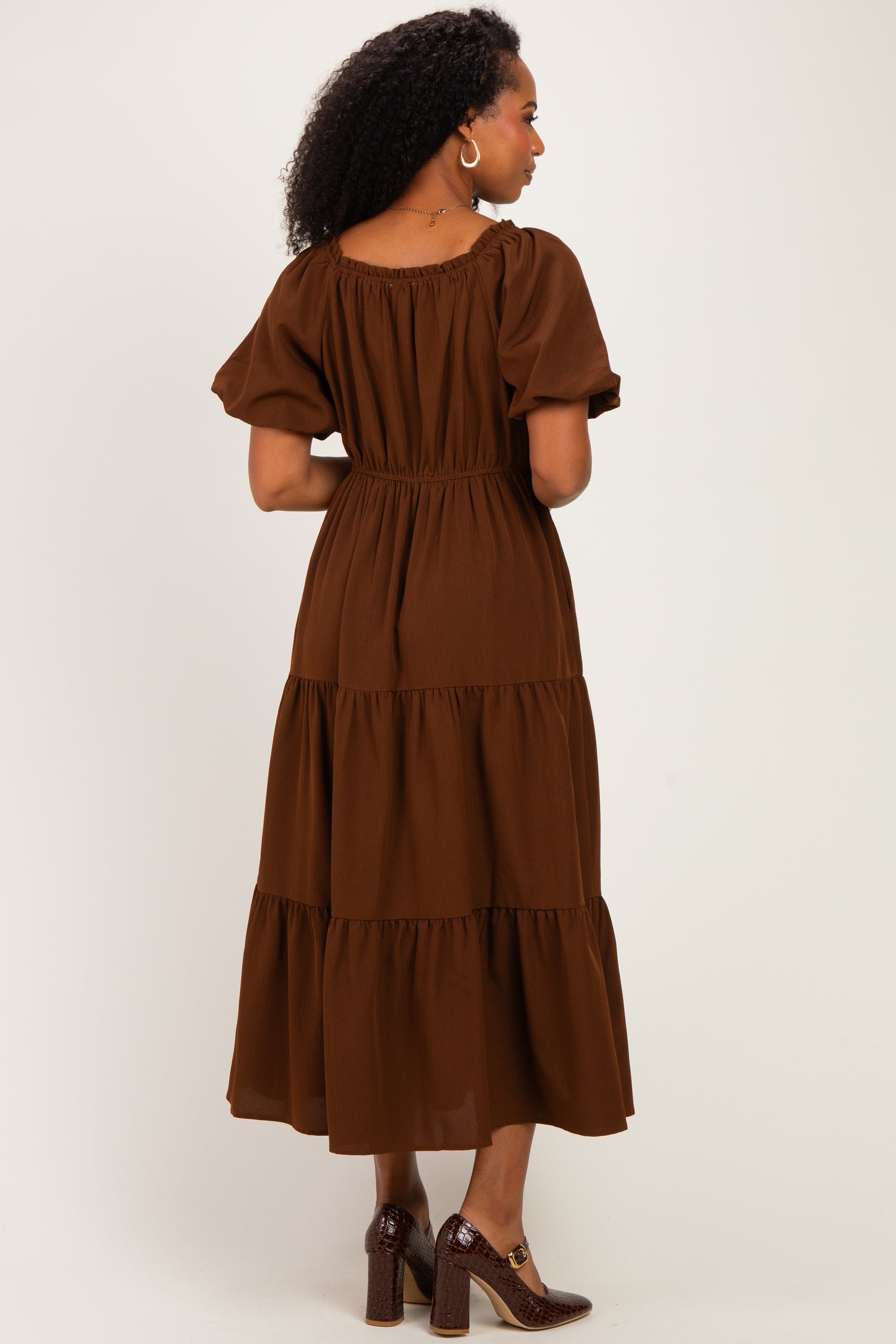 Brown Puff Short Sleeve Tiered Midi Dress
