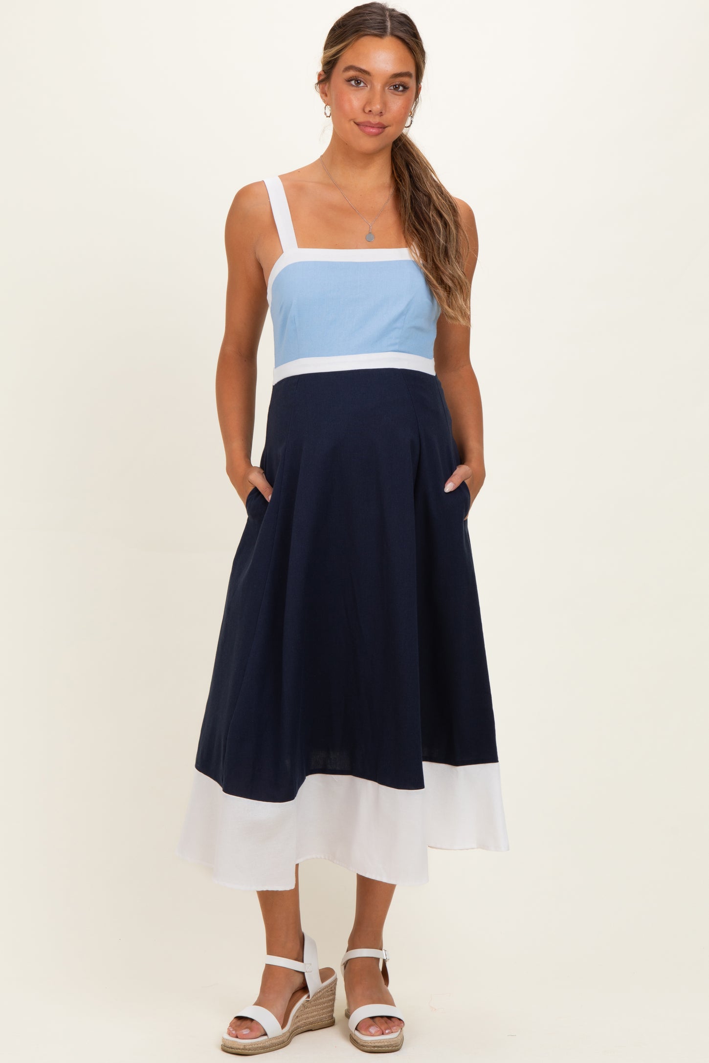 Light Blue Navy Colorblock Sleeveless Maternity Midi Dress