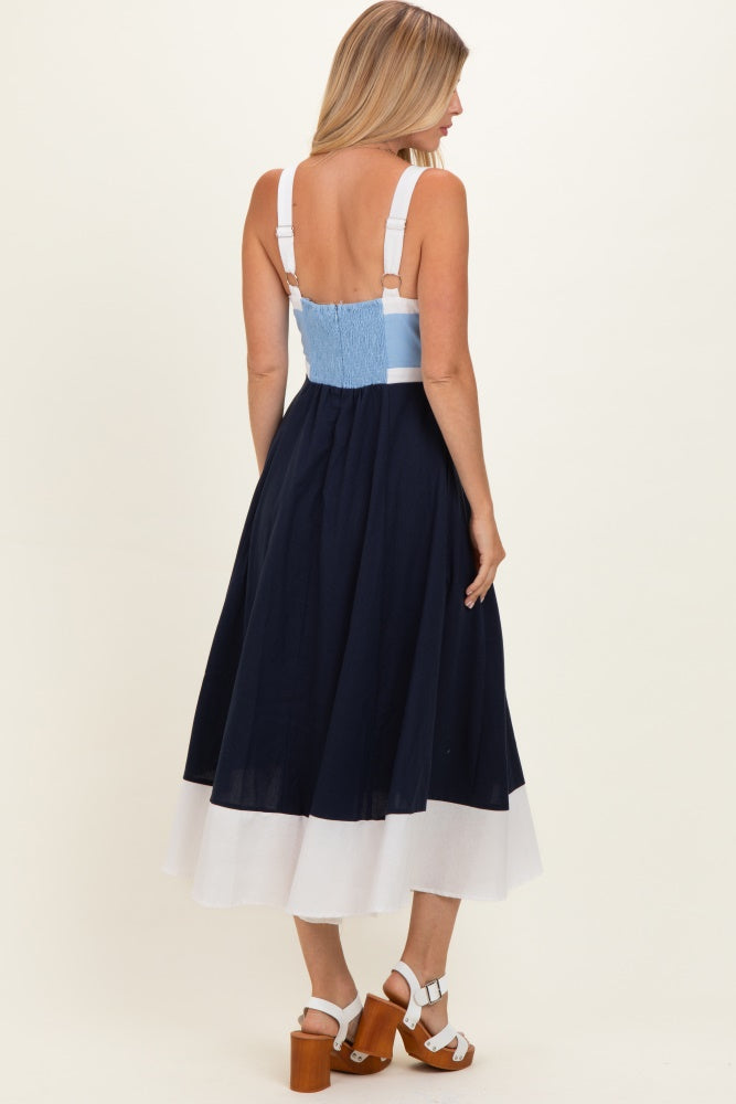 Light Blue Navy Colorblock Sleeveless Midi Dress