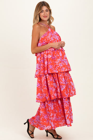Red Floral Flowy Tiered Maternity Maxi Dress