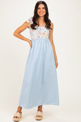 Blue Striped Sleeveless Smocked Floral Maxi Dress