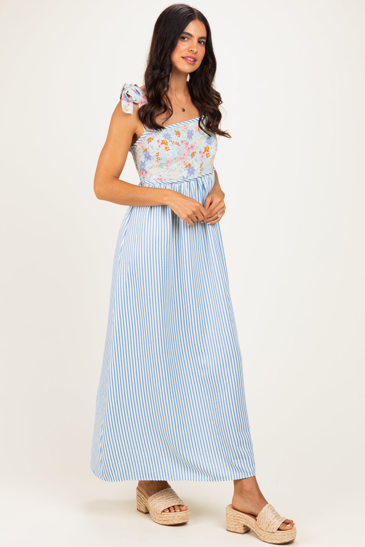Blue Striped Sleeveless Smocked Floral Maxi Dress