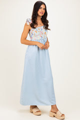 Blue Striped Sleeveless Smocked Floral Maxi Dress