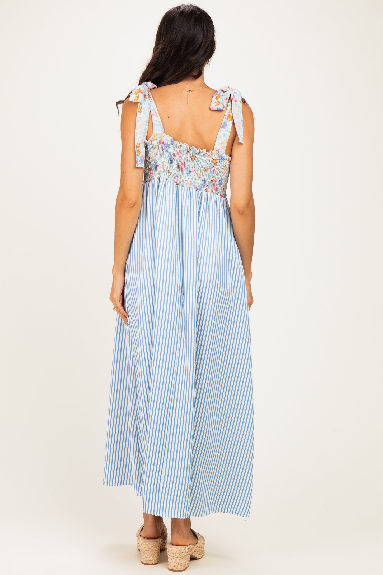 Blue Striped Sleeveless Smocked Floral Maxi Dress
