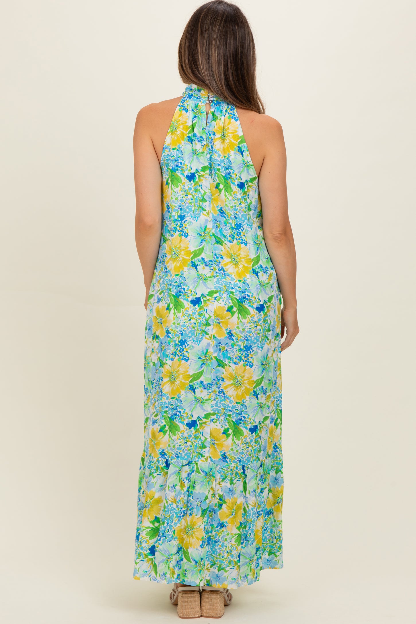 Blue Floral Halter Maternity Maxi Dress