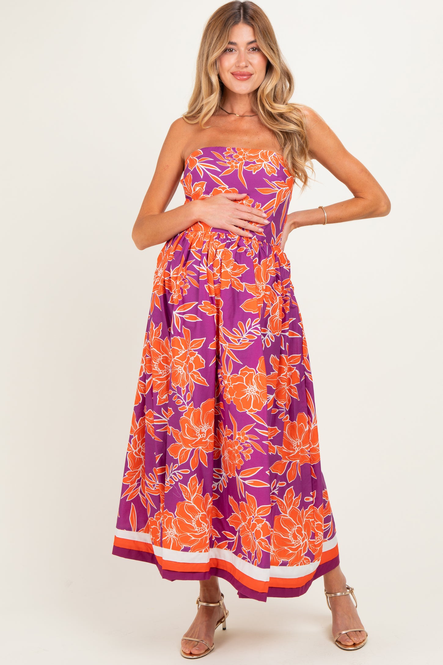 Plum Floral Strapless Maternity Midi Dress