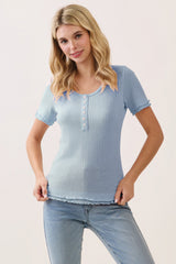 Light Blue Ruffle Trim Pointelle Knit Henley Top