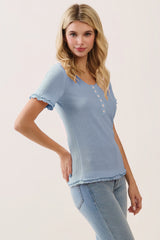 Light Blue Ruffle Trim Pointelle Knit Henley Top