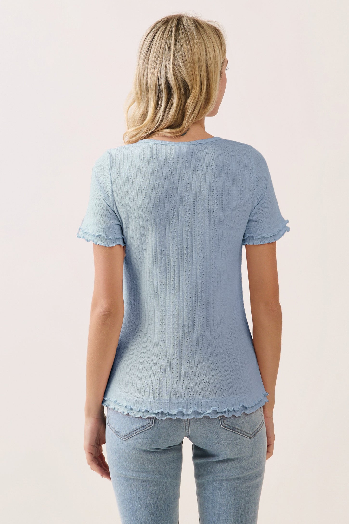 Light Blue Ruffle Trim Pointelle Knit Henley Top