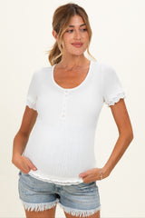 Off White Ruffle Trim Pointelle Knit Maternity Henley Top