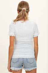 Off White Ruffle Trim Pointelle Knit Maternity Henley Top