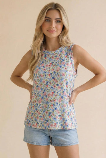 Ivory Floral Ribbed Crewneck Tank