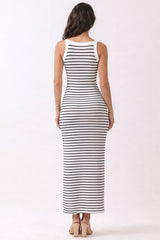 White Striped High Neck Ribbed Maxi Dress