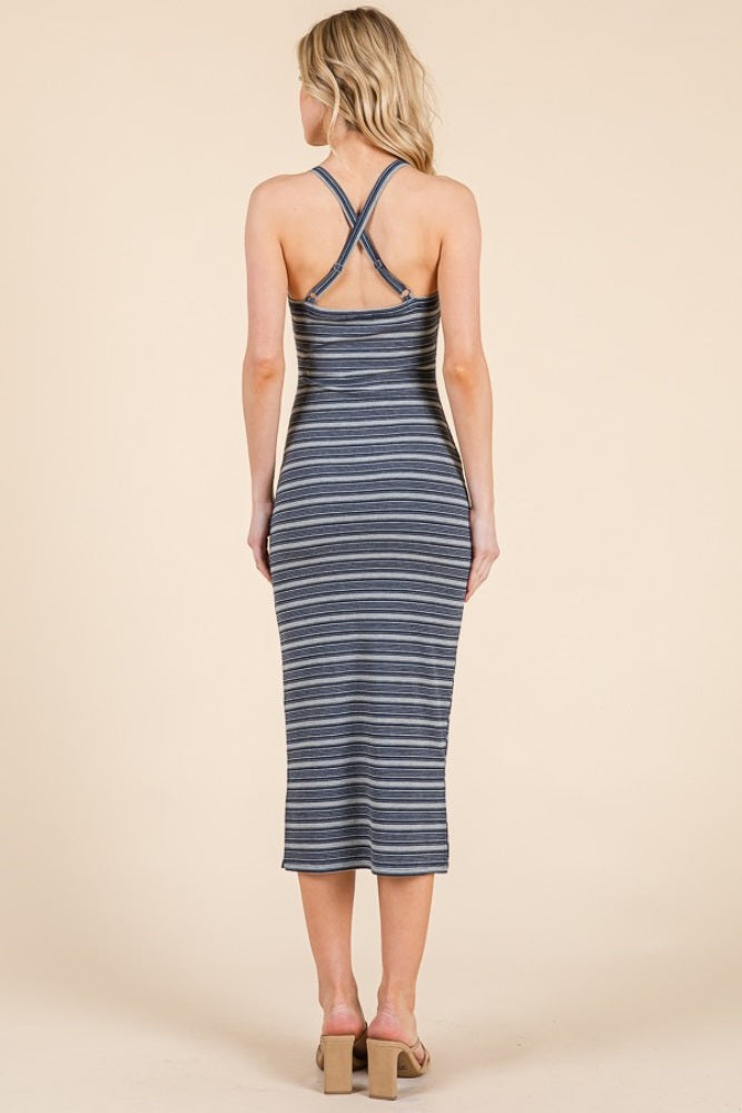 Heather Grey Navy Striped Crisscross Back Dress