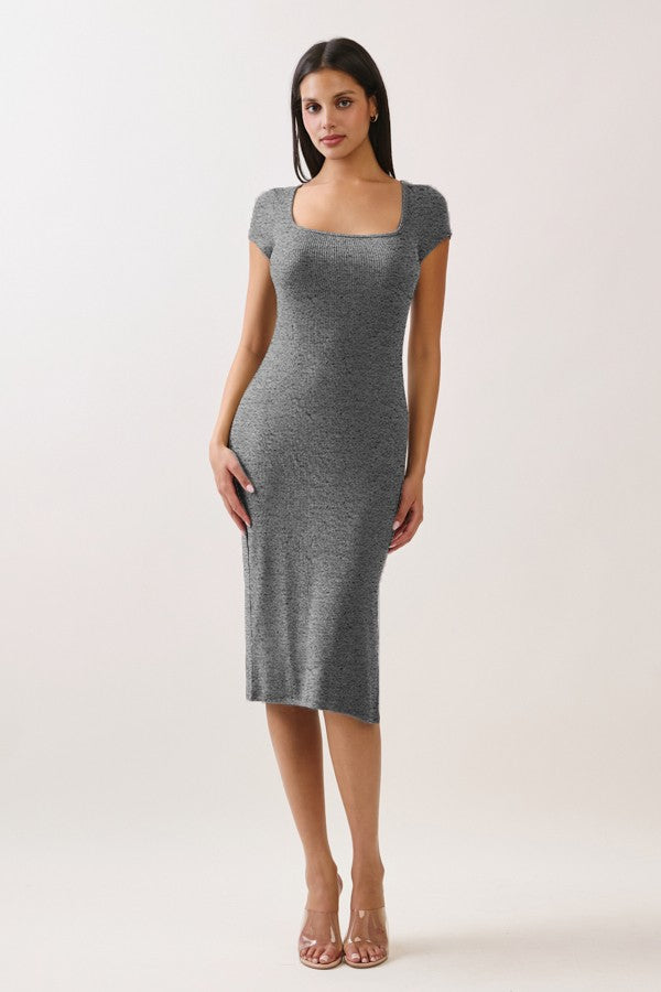 Light Charcoal Square Neck Side Slit Maternity Midi Dress