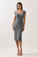 Light Charcoal Square Neck Side Slit Maternity Midi Dress