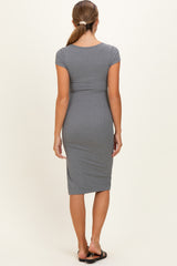 Light Charcoal Square Neck Side Slit Maternity Midi Dress