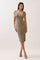 woman wearing a fitted olive green knit midi dress with short sleeves and a square neckline