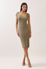 Faded Olive Square Neck Side Slit Maternity Midi Dress