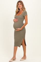 Faded Olive Square Neck Side Slit Maternity Midi Dress