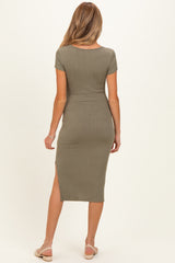 Faded Olive Square Neck Side Slit Maternity Midi Dress