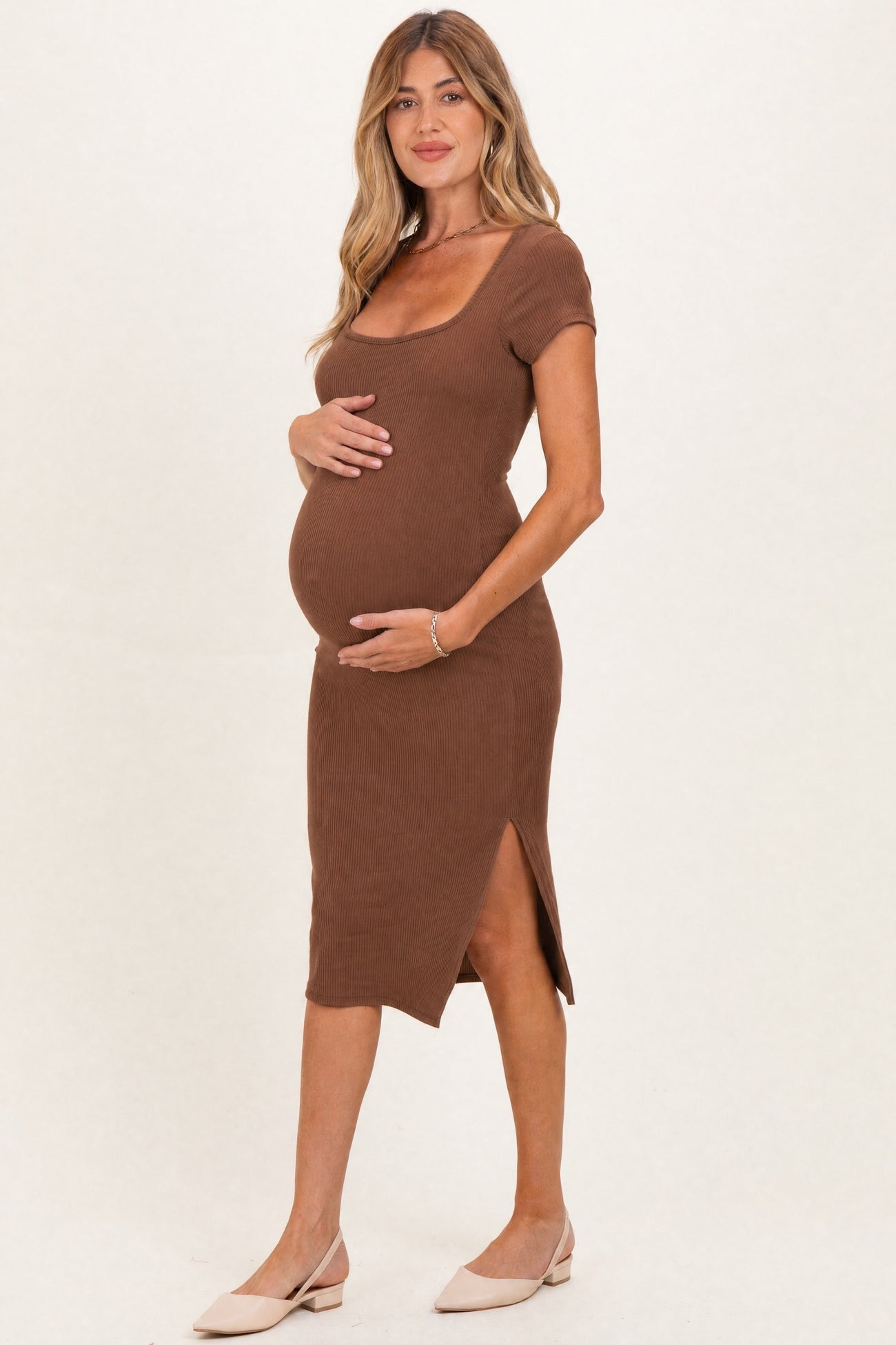 Cocoa Square Neck Side Slit Maternity Midi Dress
