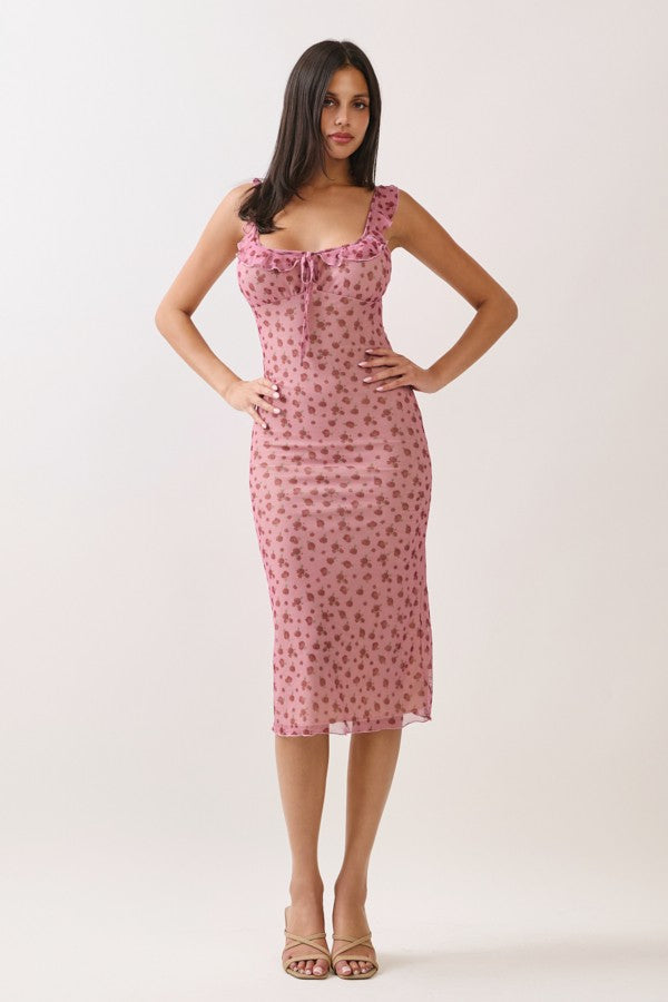 Smoke Rose Mesh Front Tie Maternity Midi Dress