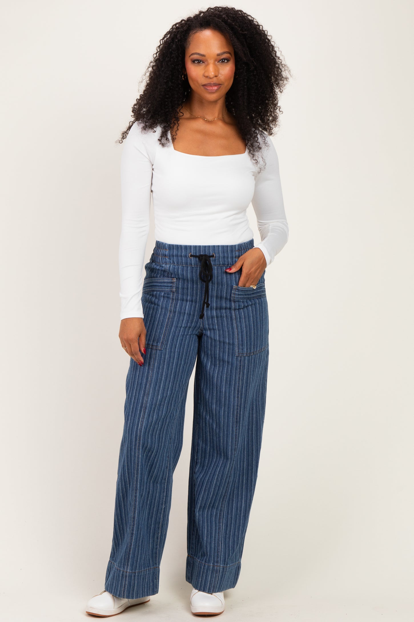 Dark Denim Striped Wide Leg Trousers