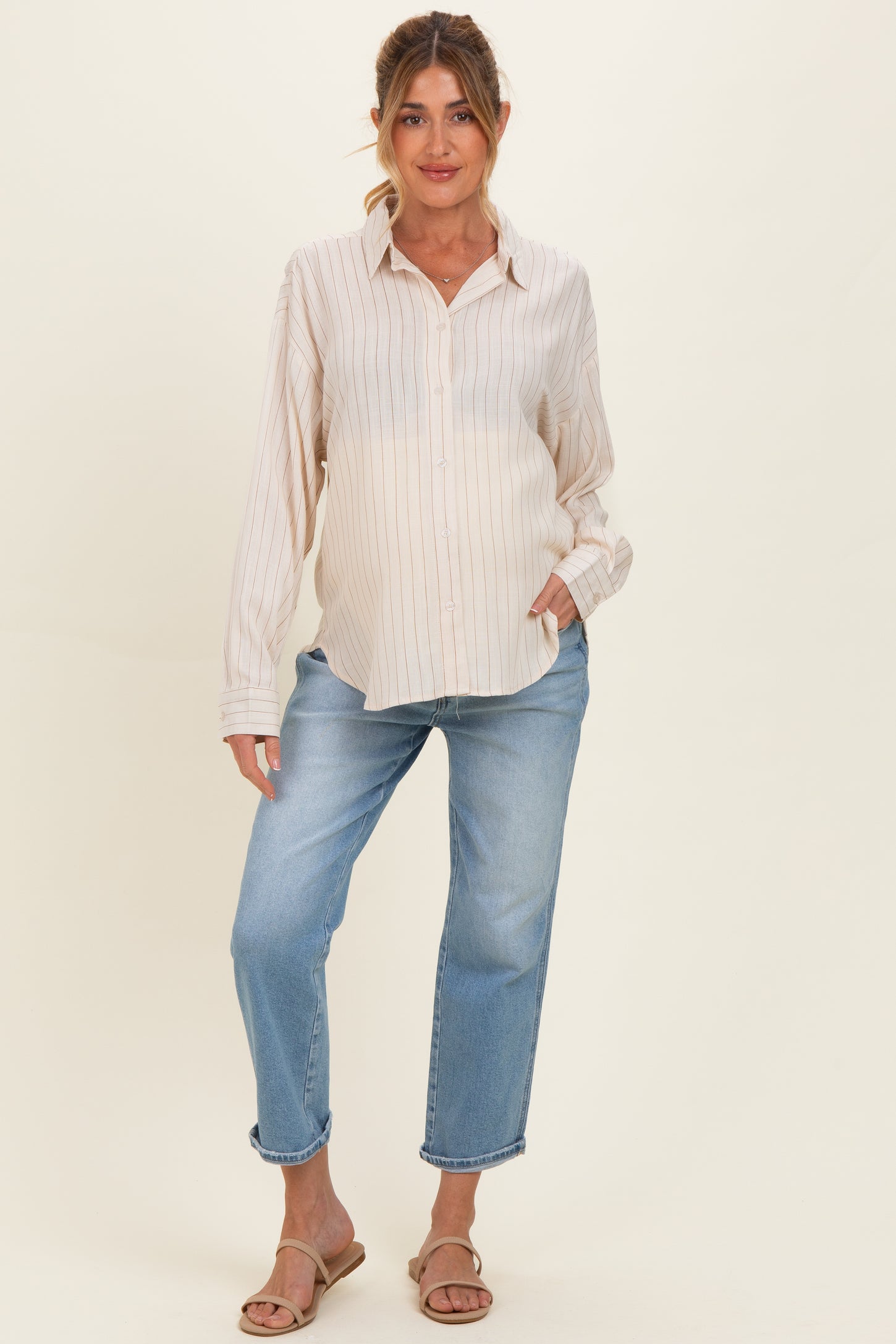 Light Taupe Brown Striped Relaxed Button-Up Maternity Shirt