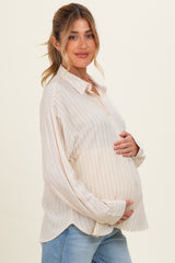 Light Taupe Brown Striped Relaxed Button-Up Maternity Shirt