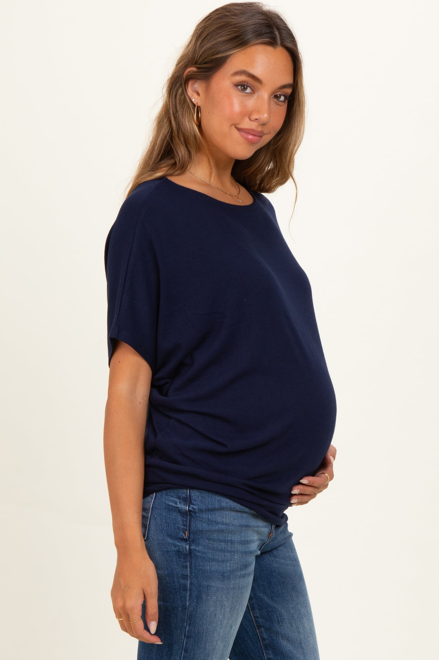 Navy Dolman Sleeve Boat Neck Maternity Top