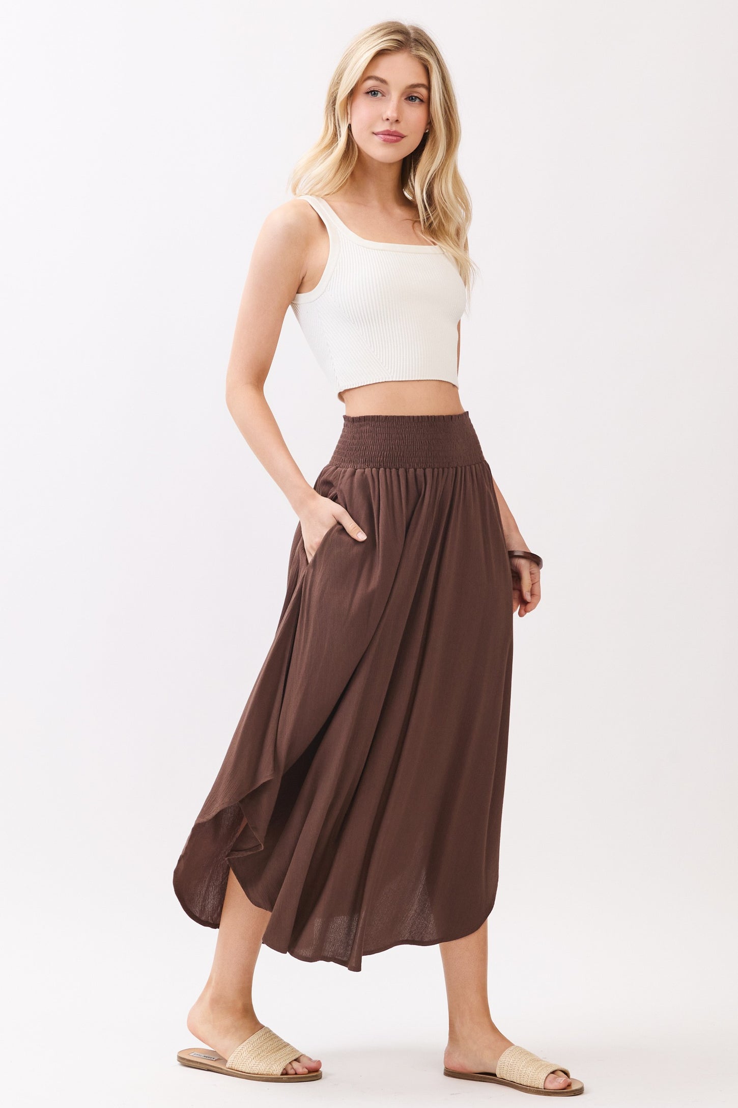 Chocolate Smocked Waist Rounded Hem Skirt