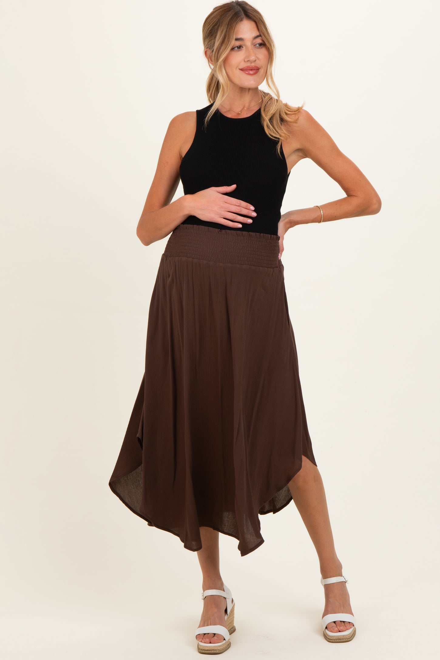 Chocolate Smocked Waist Rounded Hem Maternity Skirt