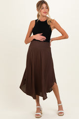 Chocolate Smocked Waist Rounded Hem Maternity Skirt