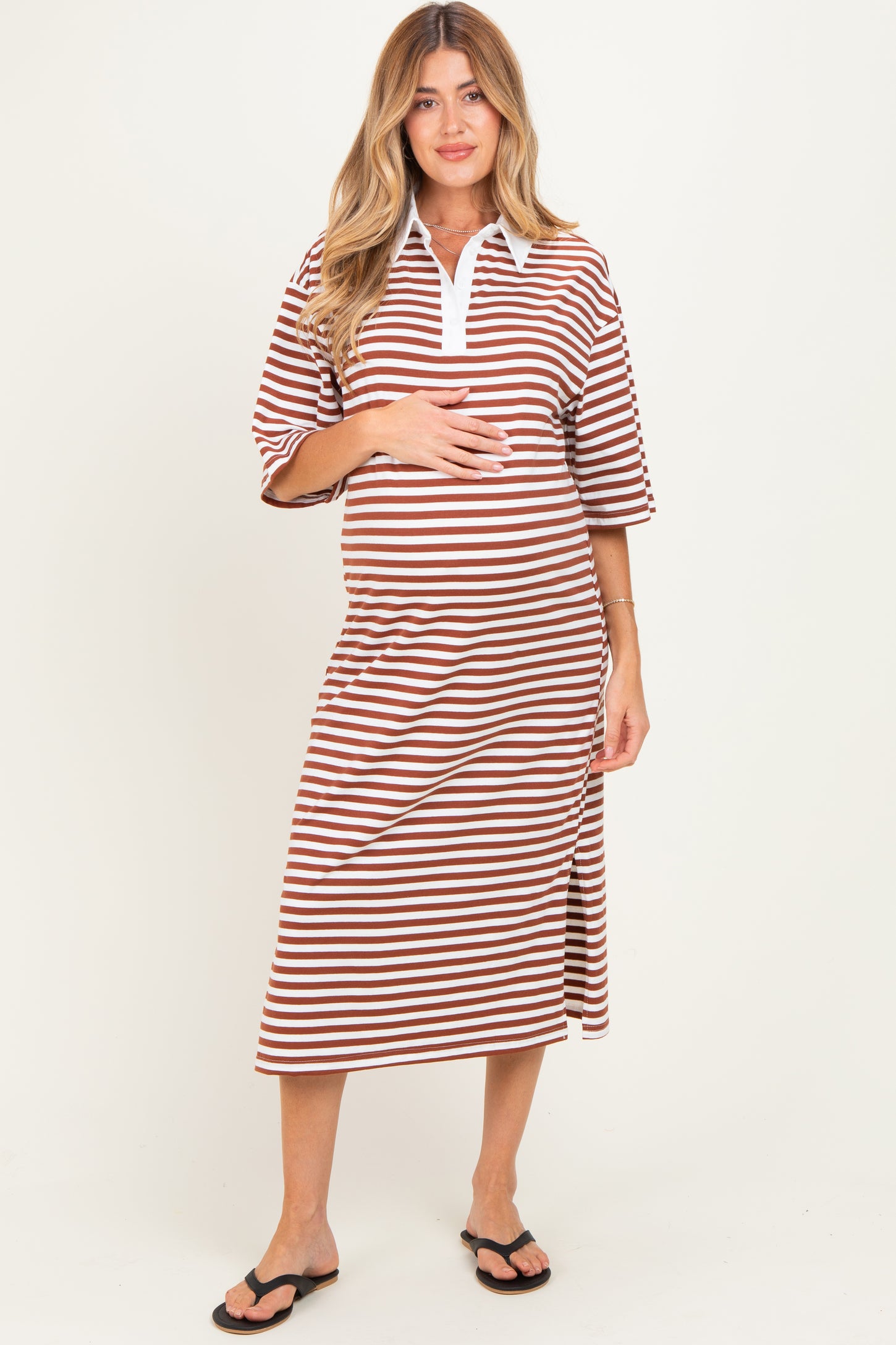 Brown Striped Oversized Maternity Polo Dress