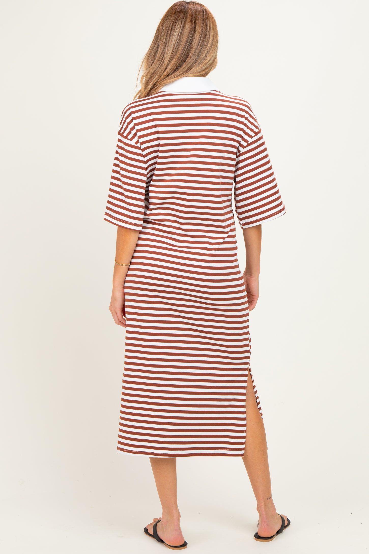 Brown Striped Oversized Maternity Polo Dress