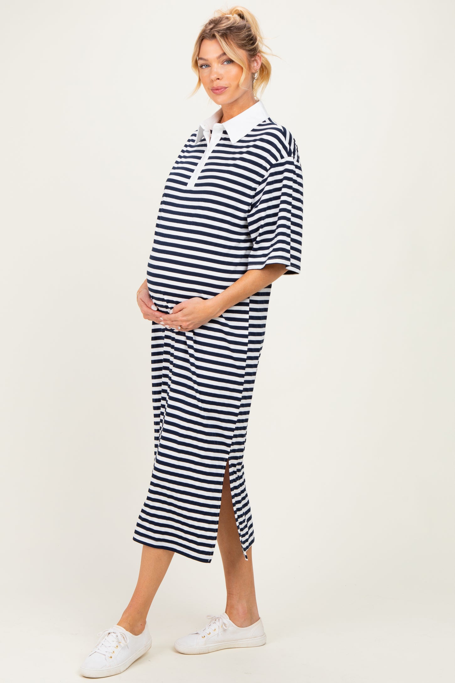 Navy Striped Oversized Maternity Polo Dress