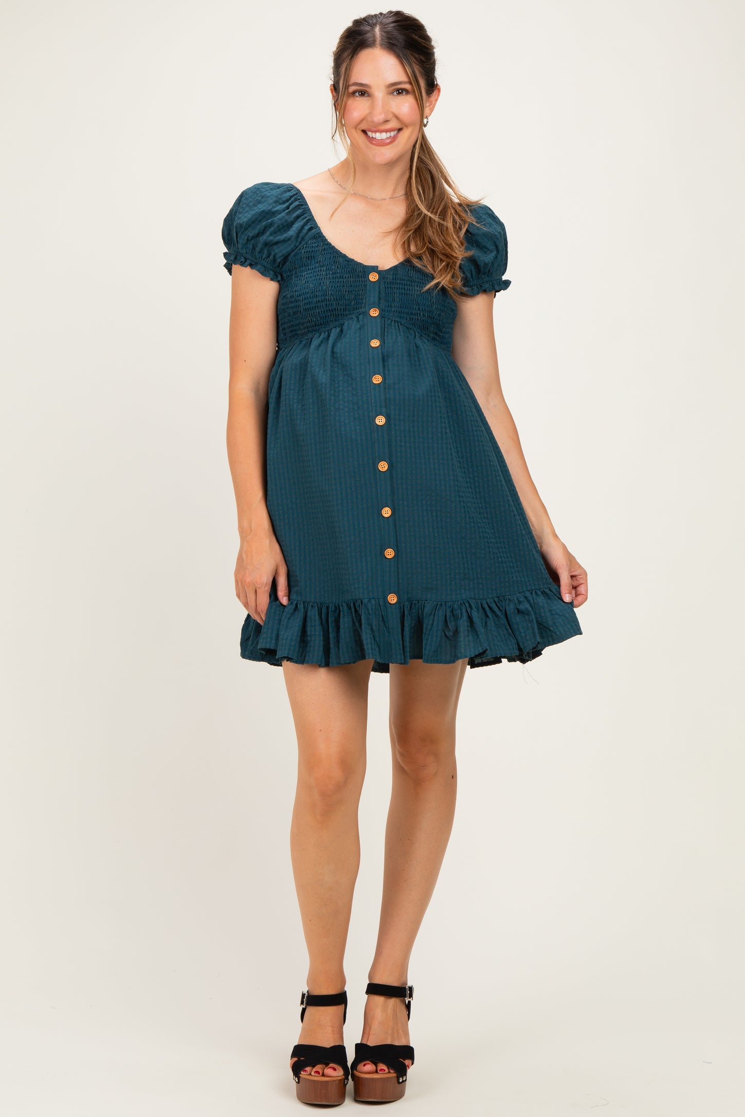 Dark Green Gingham Button Accent Maternity Mini Dress