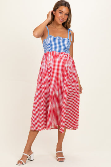 Red Gingham Colorblock Scallop Trim Maternity Midi Dress