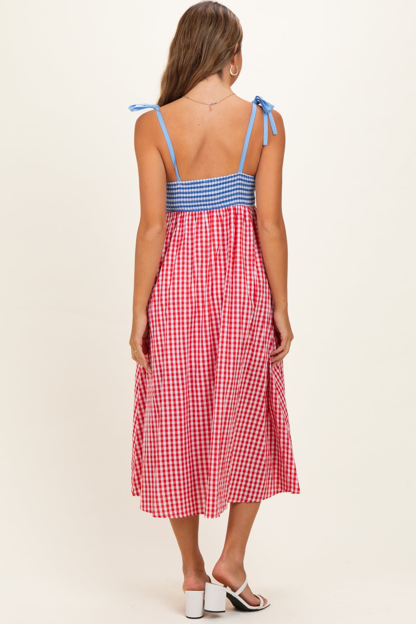 Red Gingham Colorblock Scallop Trim Maternity Midi Dress