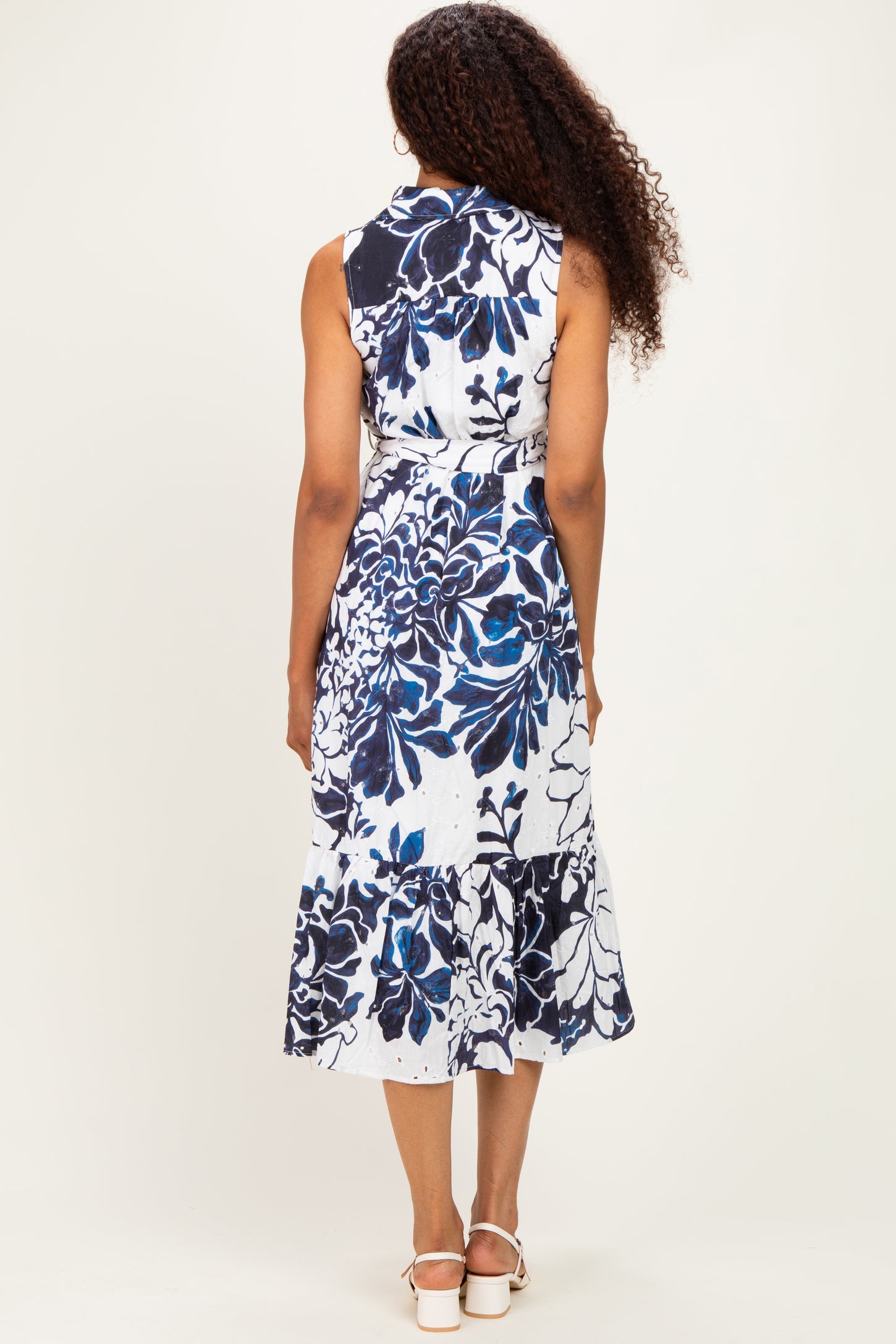 Navy Floral Belted Sleeveless Shirt Dress