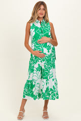 Green Floral Belted Sleeveless Maternity Shirt Dress