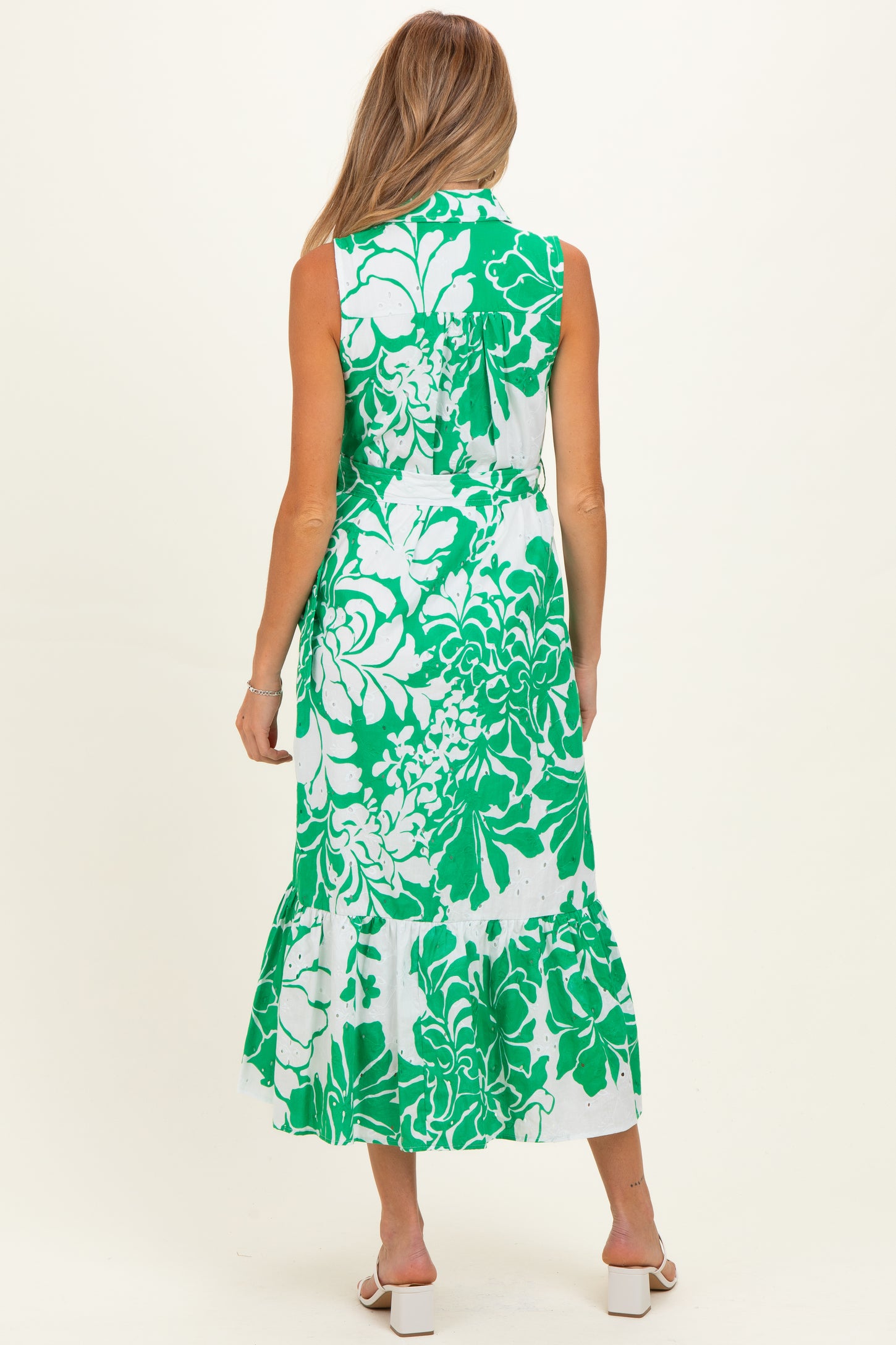 Green Floral Belted Sleeveless Maternity Shirt Dress