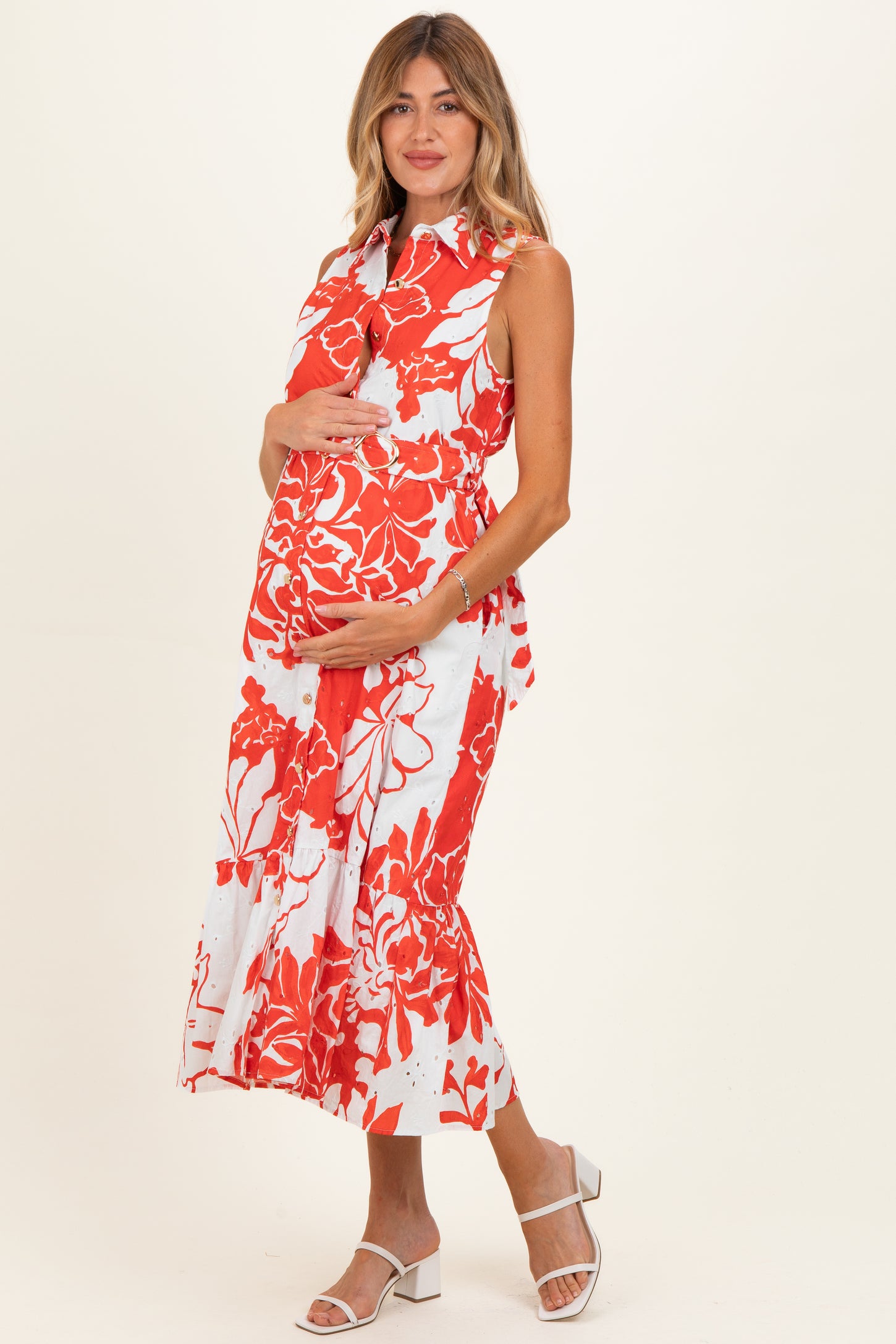 Red Floral Belted Sleeveless Maternity Shirt Dress