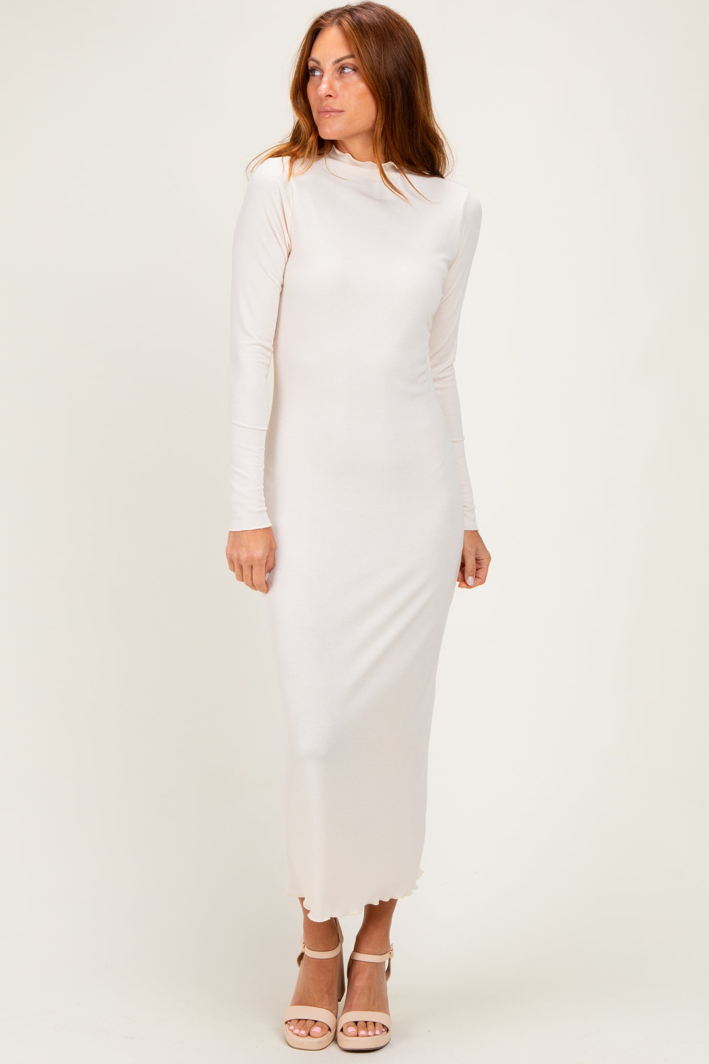 Cream Ruffle Mock Neck Long Sleeve Midi Dress