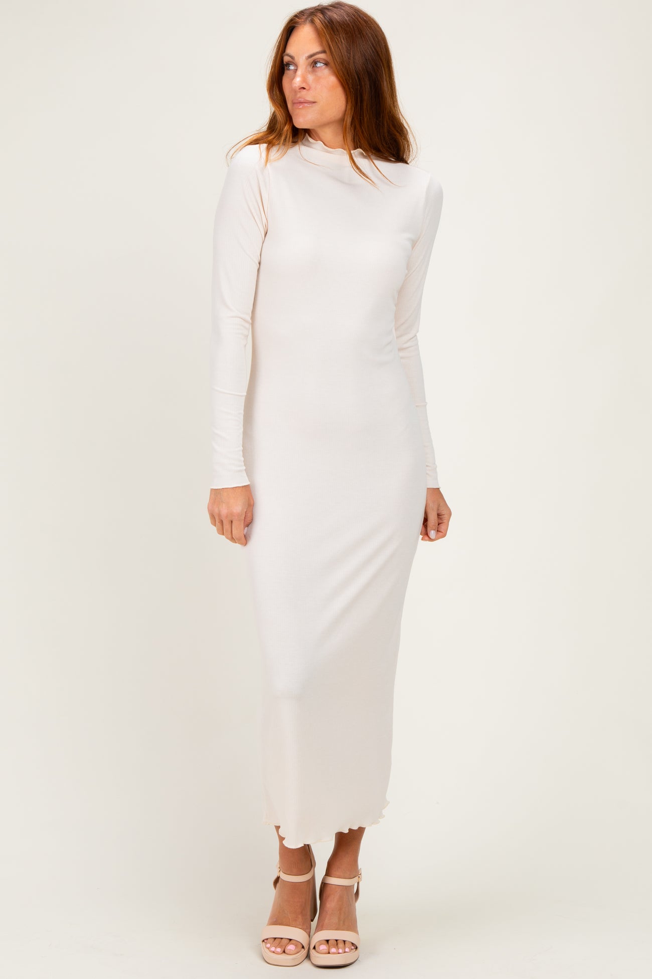 Cream Ruffle Mock Neck Long Sleeve Maternity Midi Dress