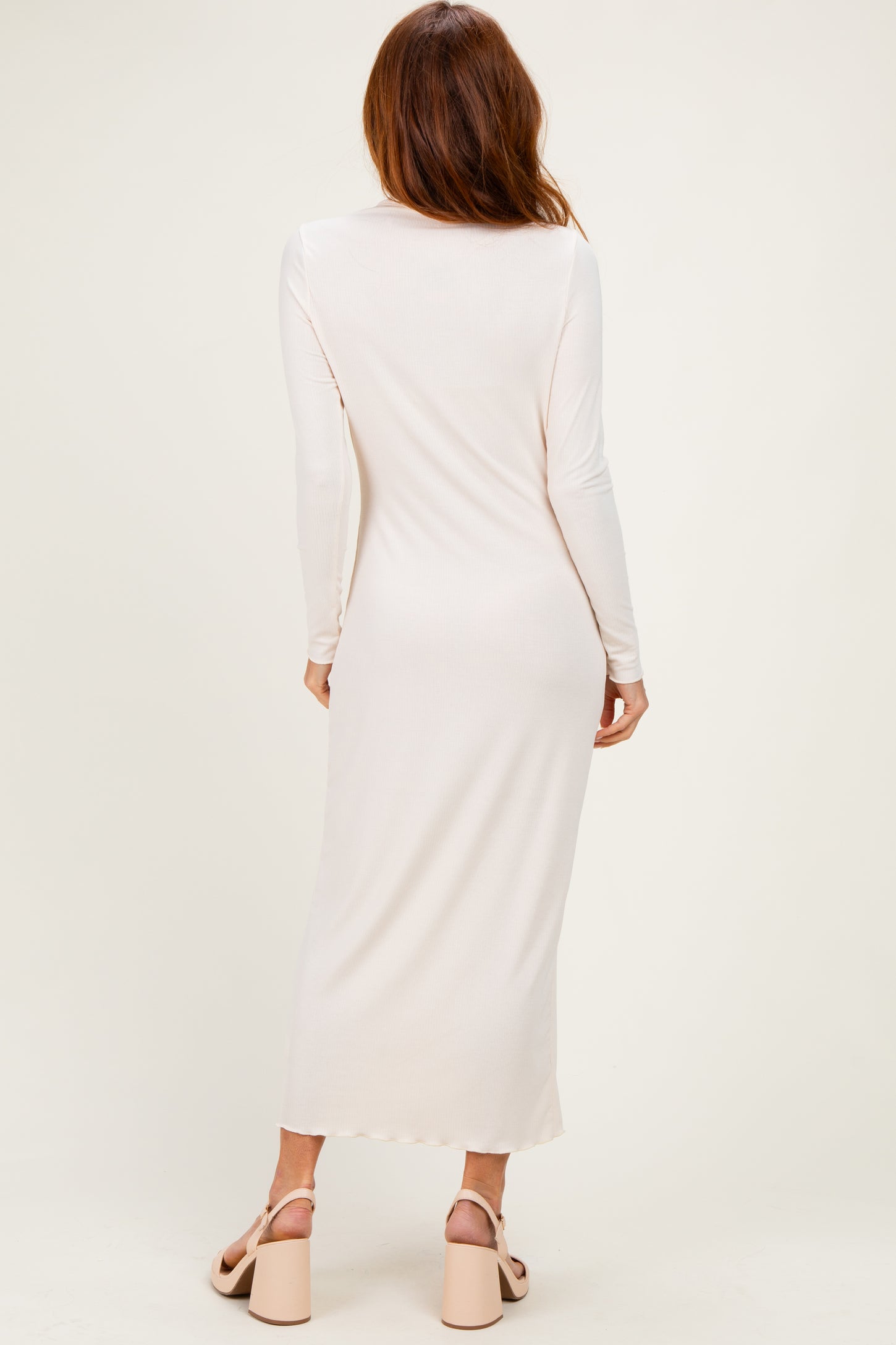 Cream Ruffle Mock Neck Long Sleeve Midi Dress