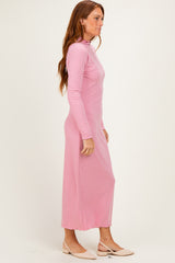 Mauve Ruffle Mock Neck Long Sleeve Midi Dress
