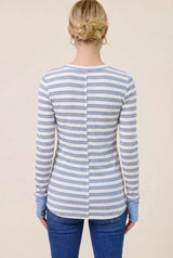 Blue Striped Rib Long Sleeve Fitted Top